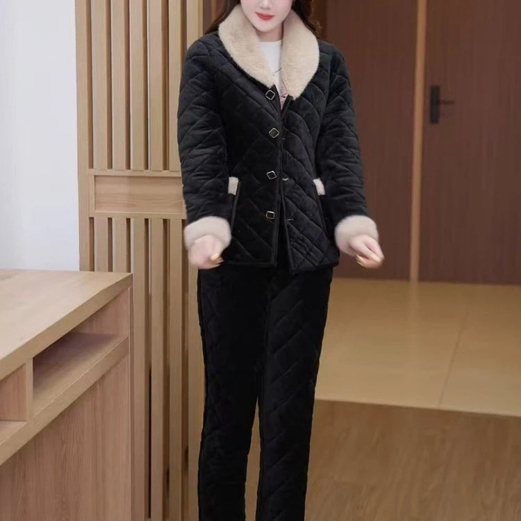 2026新款外穿保暖妈妈冬款加绒加厚套装中老年纯色棉衣翻领棉服