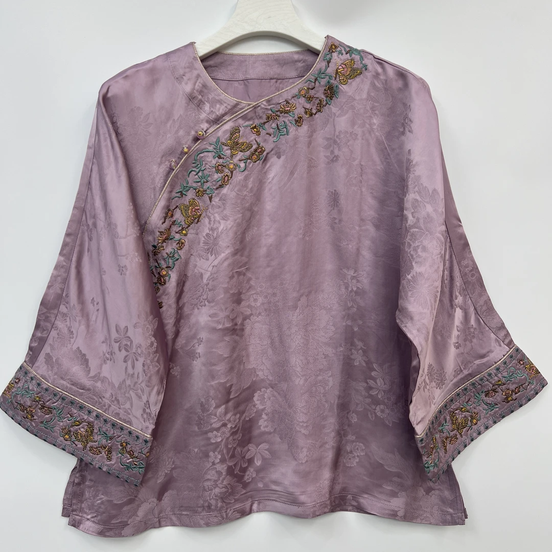 【紫薇格格】2042新中式中国风纯色圆领上衣刺绣绣花衬衫