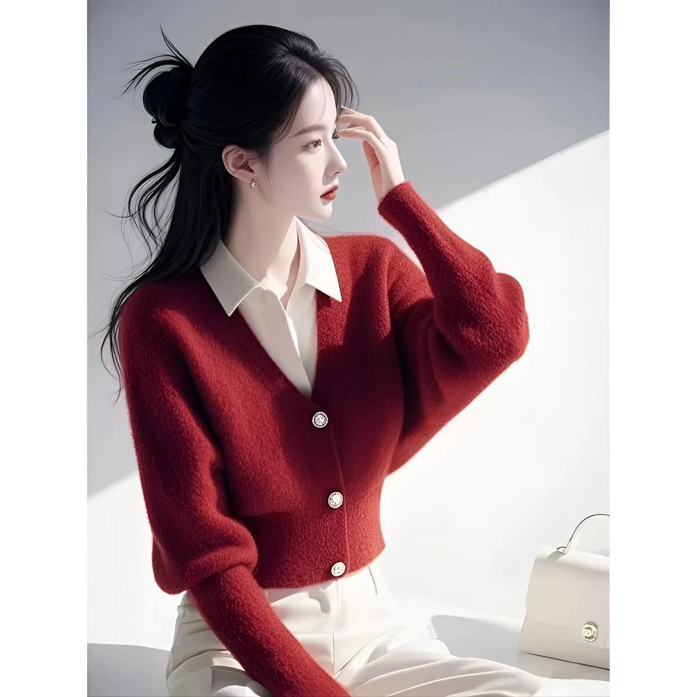 今年流行独特漂亮超好看圣诞新年红色假两件毛衣女款2024冬季新款