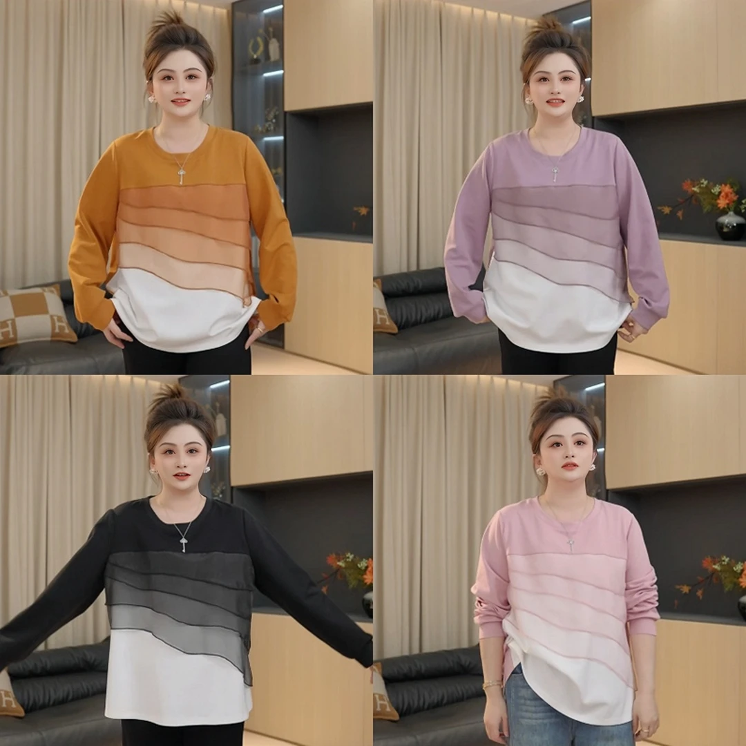 【胖佳佳】现货~半卷云舒 设计感长袖T恤网纱拼接上衣H625Y15037