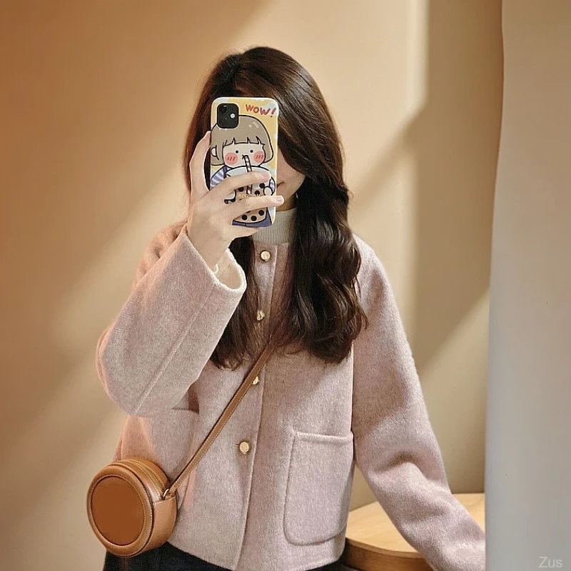 粉色双面呢子大衣女早春季2024新款超好看赫本风百搭短款毛呢外套