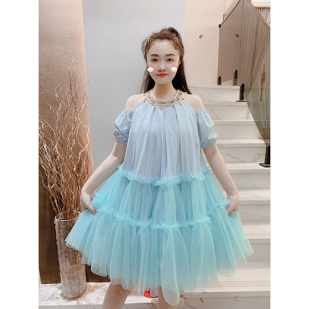 夏季新款设计师定制漏肩民族风拼接网纱连衣裙女