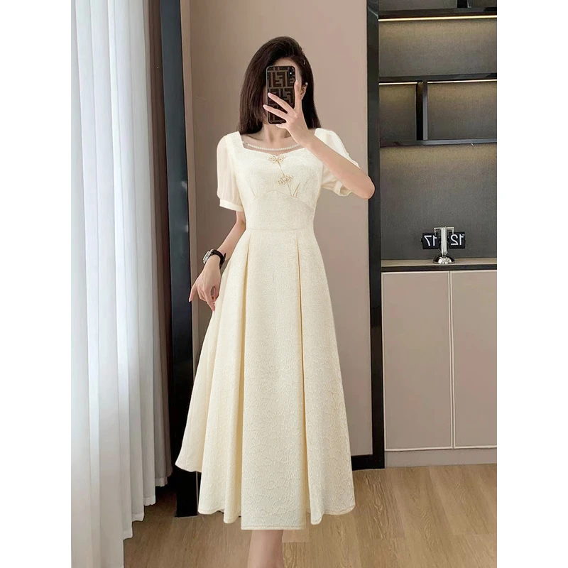 RS90新中式旗袍提花连衣裙夏季新款清纯温柔风小个子收腰显瘦长裙