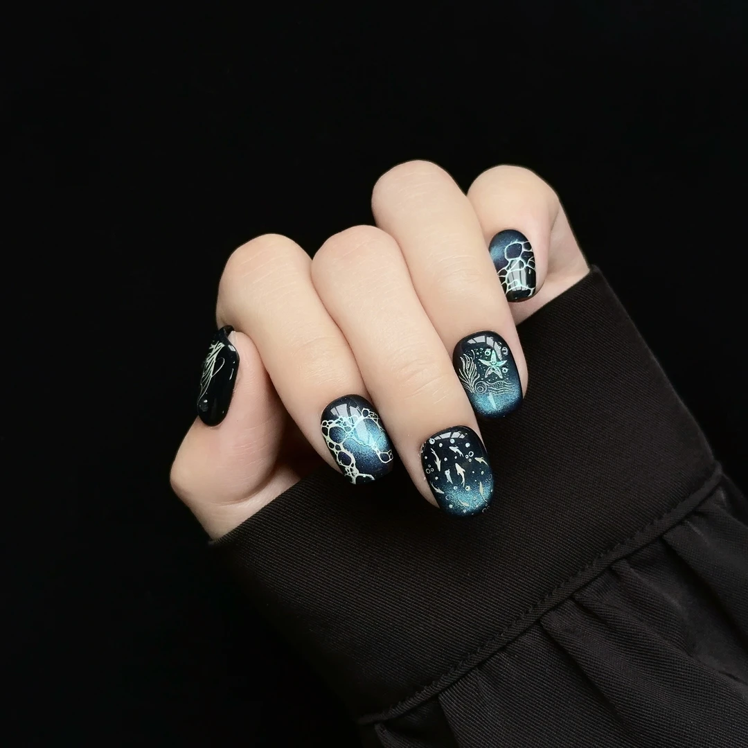 【深海幽蓝】秋冬新款蓝眼泪猫眼轻奢高定海洋泡泡穿戴美甲显白短款