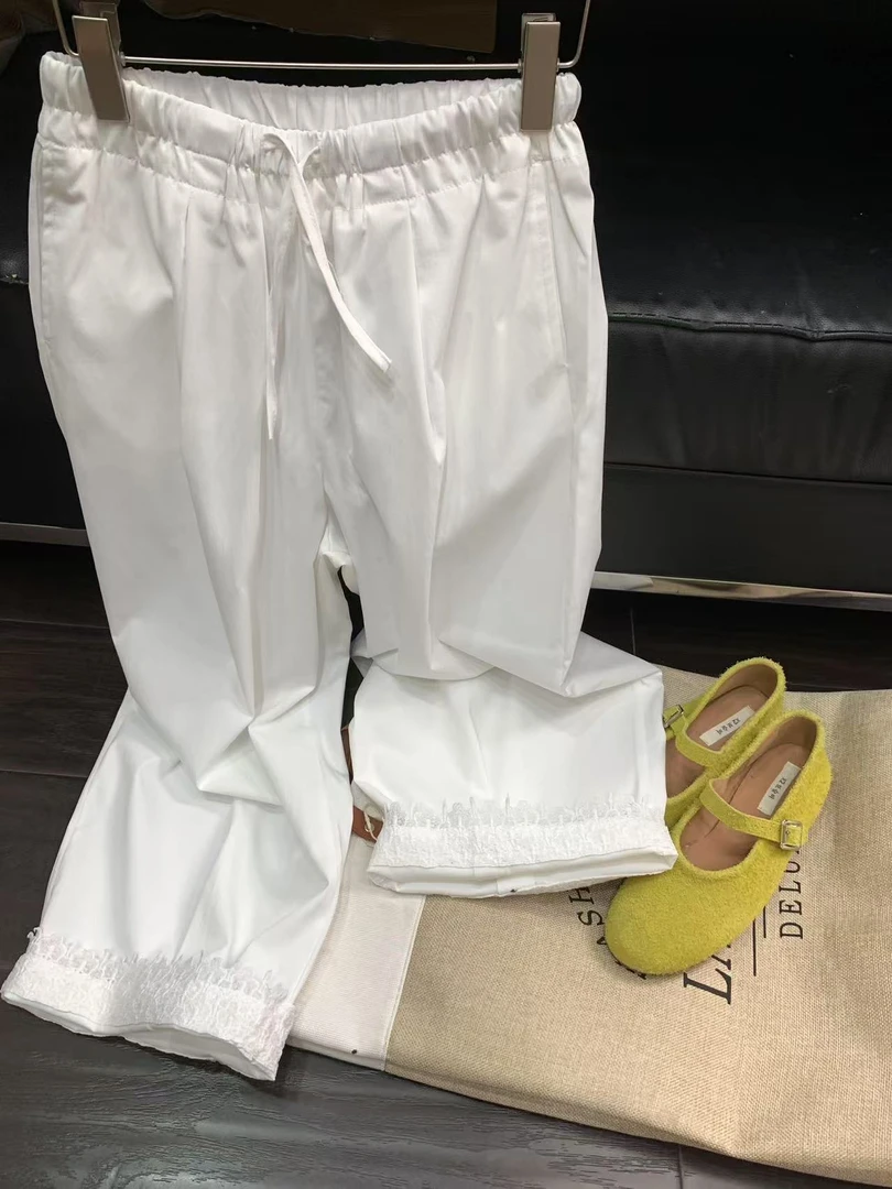 『雨美 Show』8051白色时尚百搭花边抽绳裤