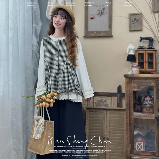 半生椿｜秋季新款森系甜美圆领格子撞色拼接夹棉马甲宽松长袖衬衫