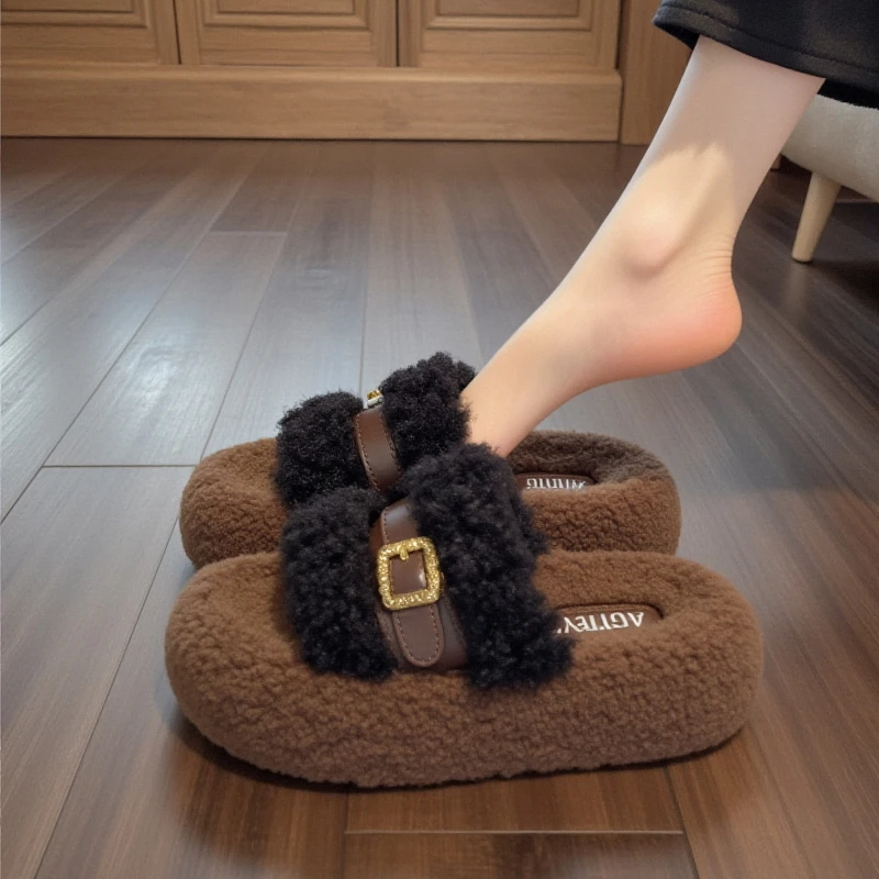 羊羔绒懒人毛毛鞋女秋冬外穿绝美厚底增高网红超火孕妇软底棉拖鞋