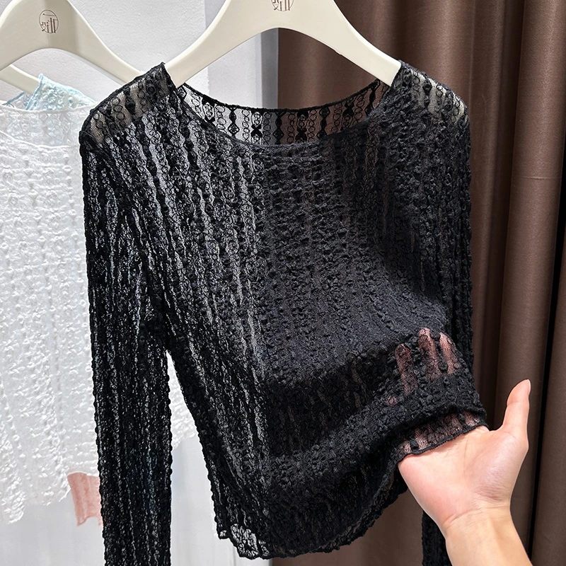 气质蕾丝衫黑色圆领透气罩衫2025新款修身显瘦品质女装百搭上衣女