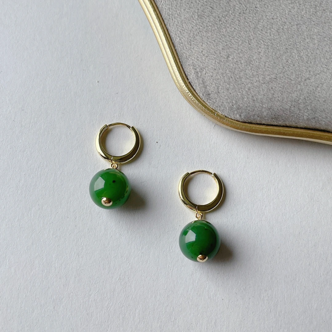 11~12mm和田玉碧玉925银镶耳环时尚大气