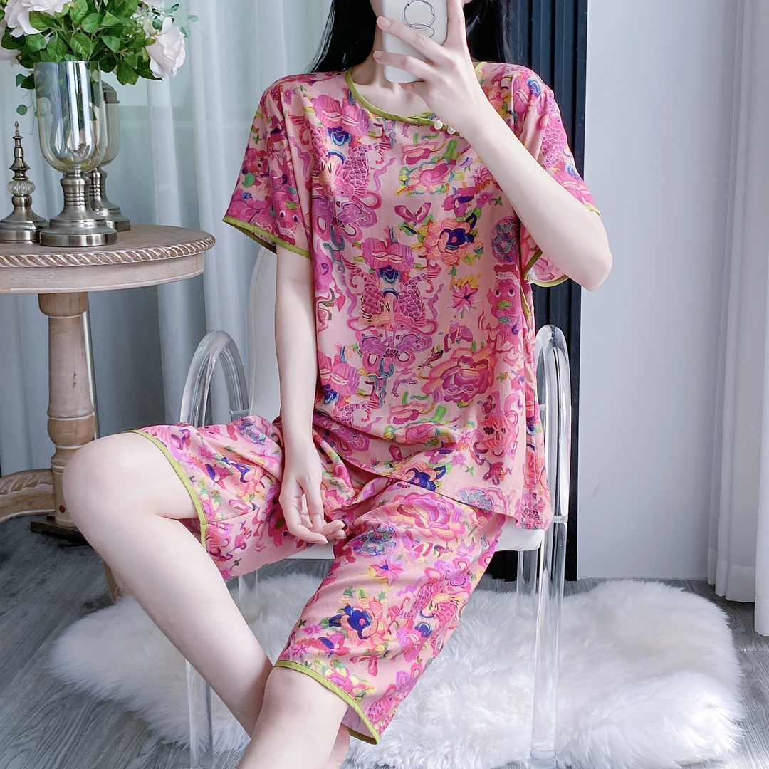 夏季新中式薄款棉绸国风睡衣女短袖中裤人造棉凉感宽松家居服套装