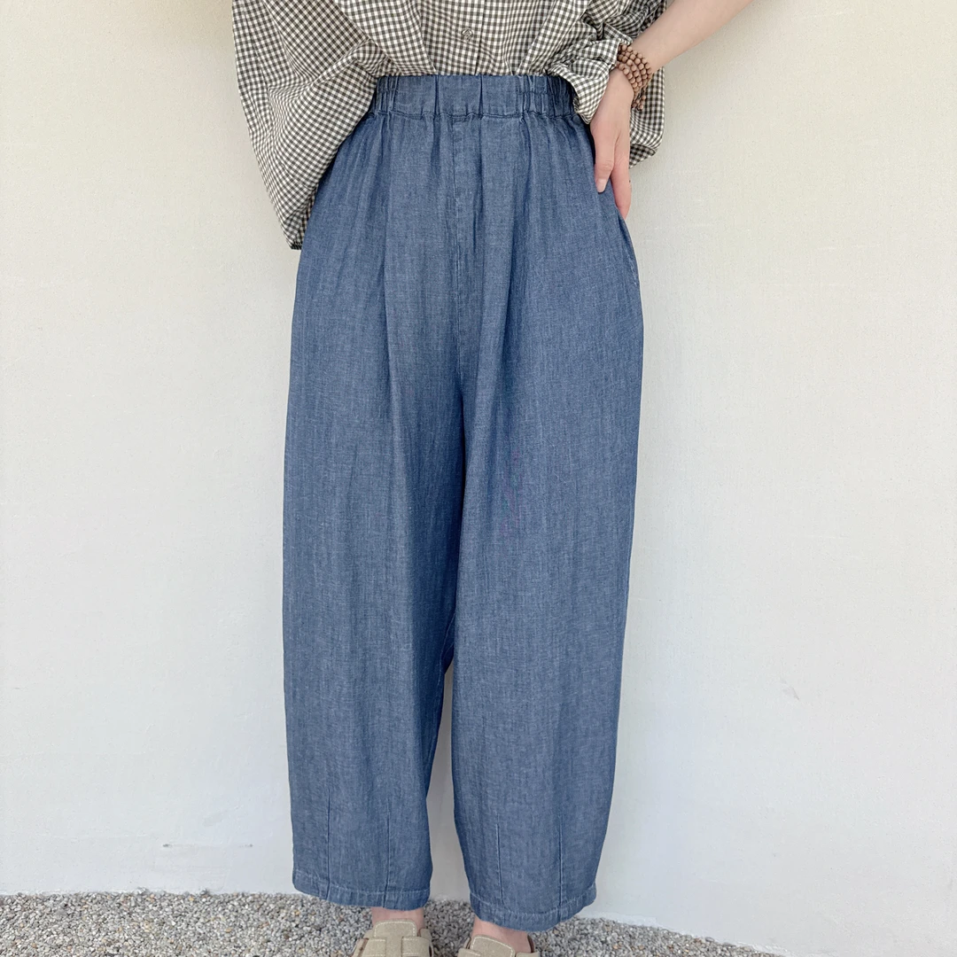 夏季新款棉麻混纺水洗宽松时尚显瘦女士九分牛仔休闲裤有腔调版型