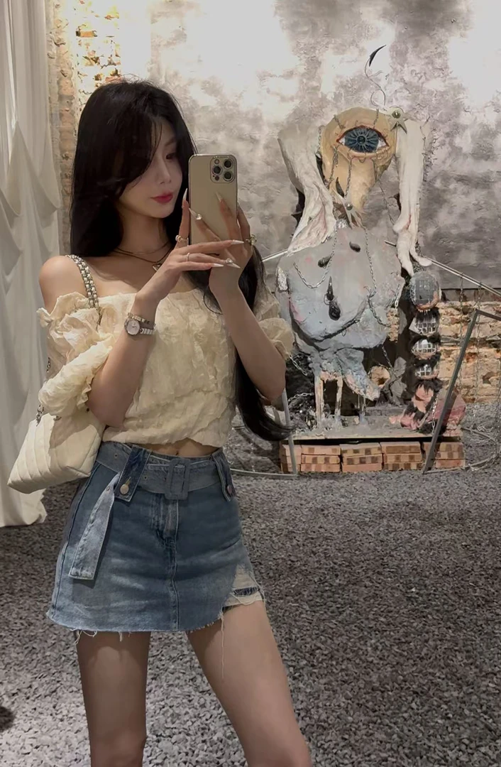 【XU·JING】杏色/粉色工艺面料后背系带上衣