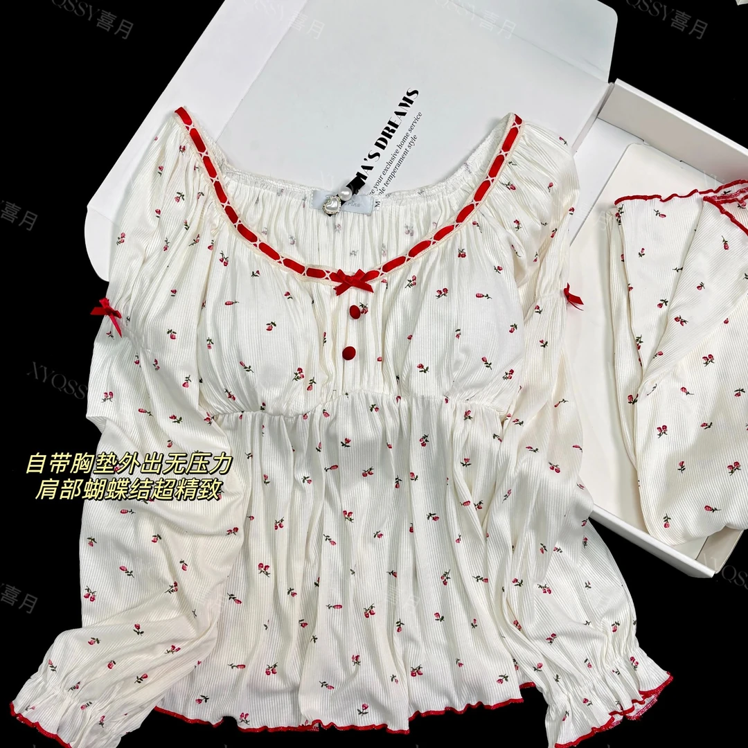 花间鹿法式玫瑰长袖睡衣带胸垫女春夏新款代儿棉甜美少女感家居服