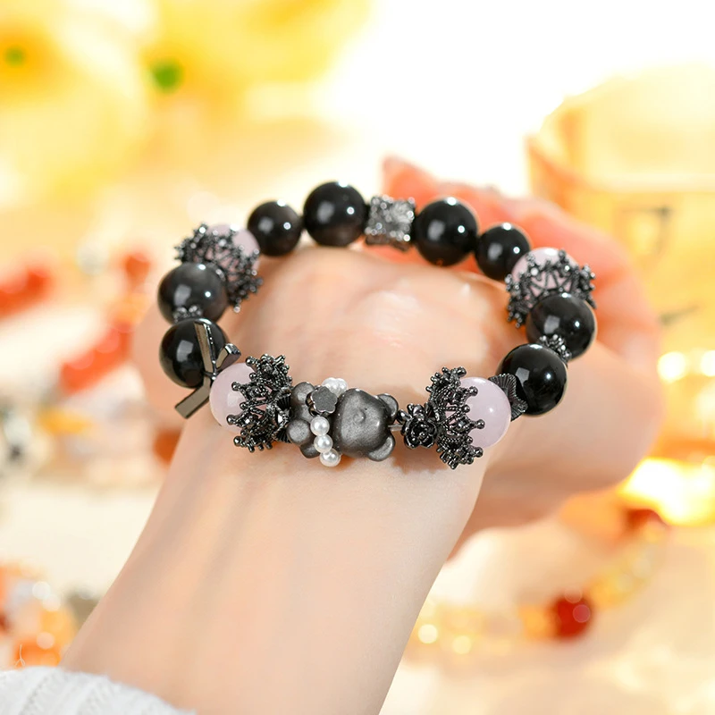 天然水晶粉晶银曜石小熊手链经典大颗粒圆珠手串时尚原创饰品