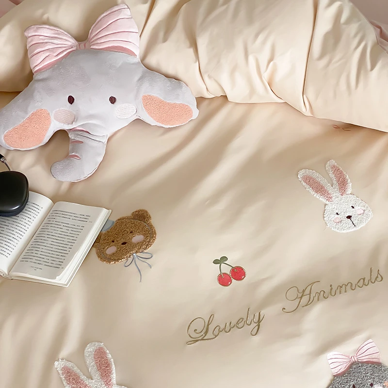 新款小象磨毛四件套儿童卡通床品100支全棉被套床单宿舍纯棉3件套