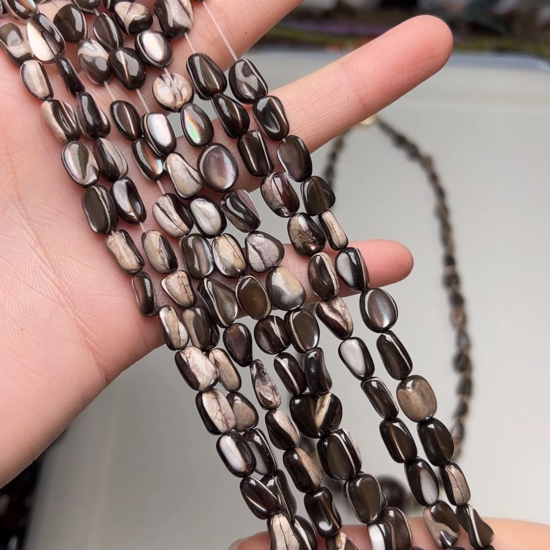 玛瑙/玉髓合金珠宝半成品G752。7mm天然黑金贝豆豆随形一条