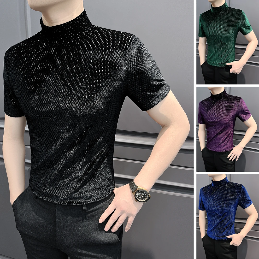 银丝半高领t恤短袖男款网红洋气炸街男装痞帅高级感男士半袖上衣