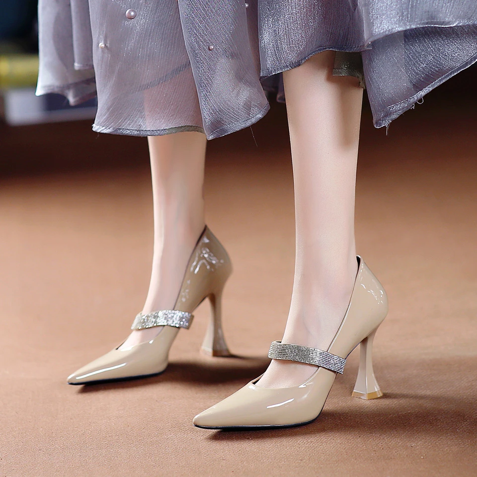 8CM[已开价]气质杏色高跟鞋女春秋季优雅水钻尖头细跟单鞋2502-7