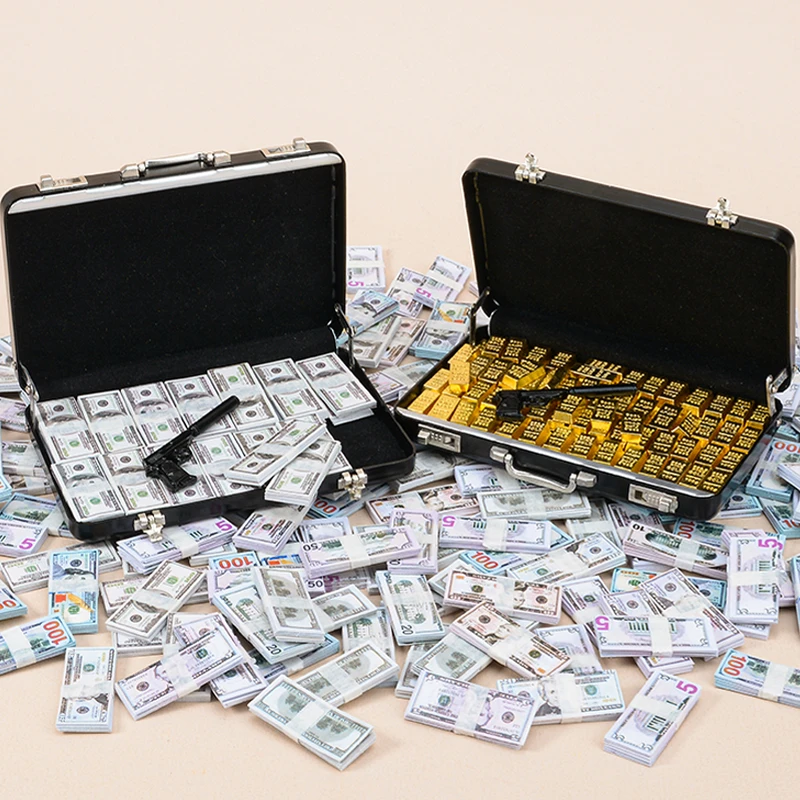 迷你仿真铝合金行李箱美金钞票金条武器模型微缩娃娃屋小配件玩具
