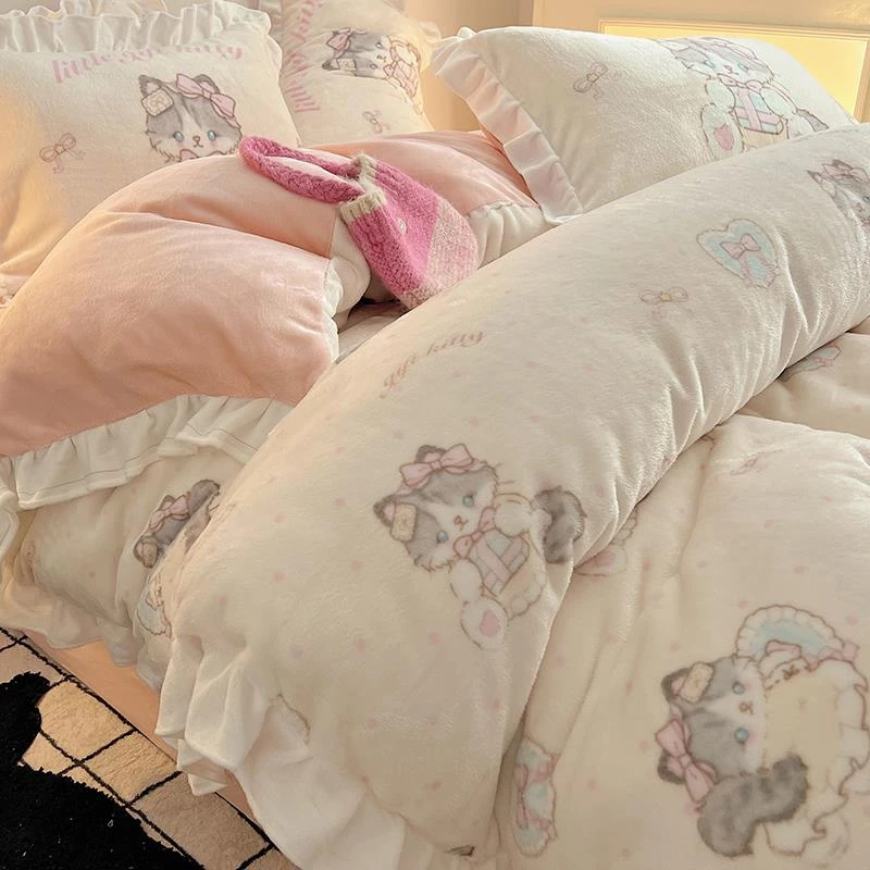 洛丽塔公主冬季牛奶绒床上四件套加厚法兰珊瑚绒被套女床品床单人