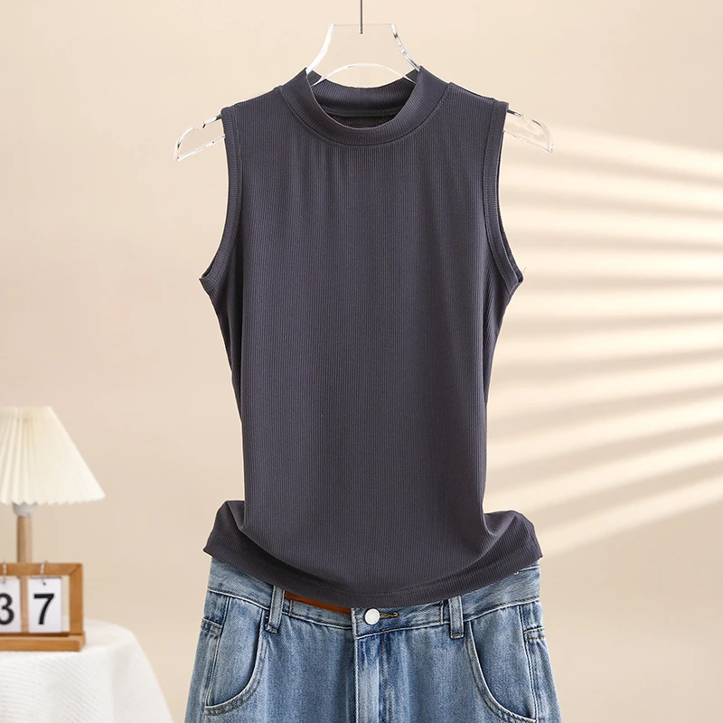 设计感小众打底衫女2024新款春秋内搭高级感无袖T恤紧身立领上衣