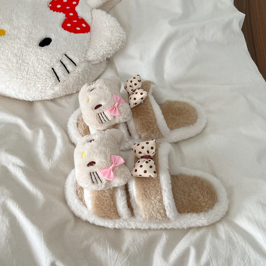 厚底增高毛毛拖鞋女外穿2025新款秋季可爱卡通凯蒂猫一字拖鞋外穿