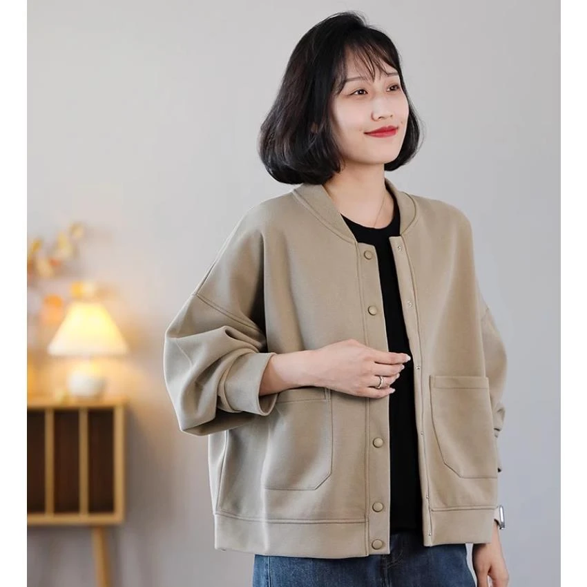 秋冬装宽松大码针织棉外套女贴布口袋立领棒球服开衫卫衣女