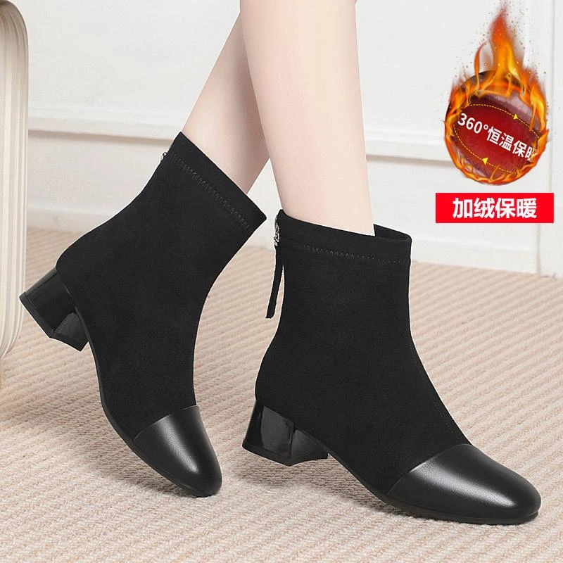 中跟时装靴舒适防滑后拉炼加绒保暖粗跟中年女真皮秋冬季新款女士