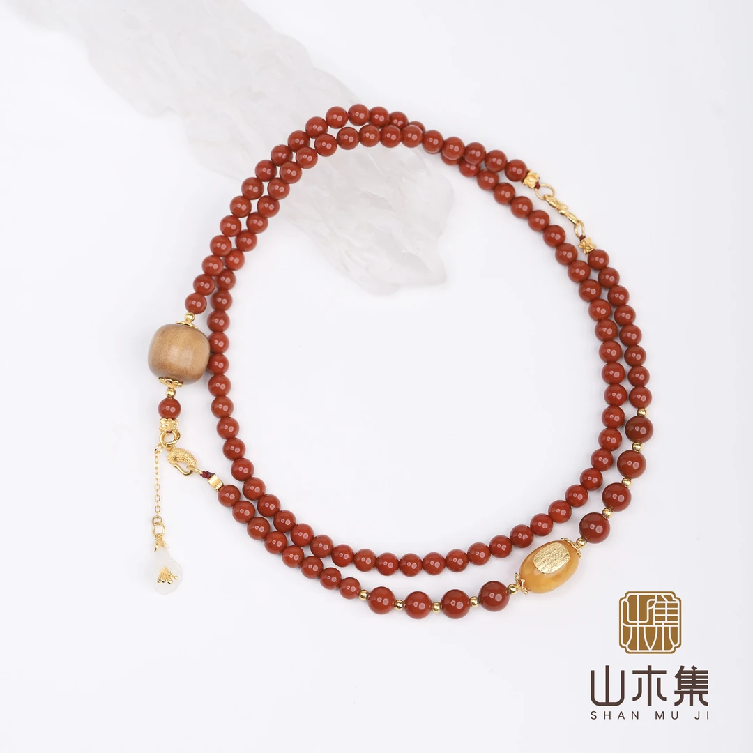 印度老山檀香南红蜜蜡五条项链￥【山木集】