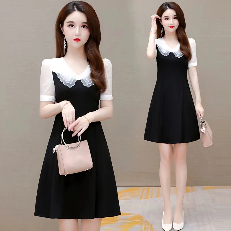 【现货＋运补】夏季小个子短袖连衣裙假两件娃娃领拼接遮肚显瘦A字裙
