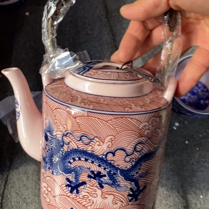 摆件陶红稀土龙纹釉里红提梁壶