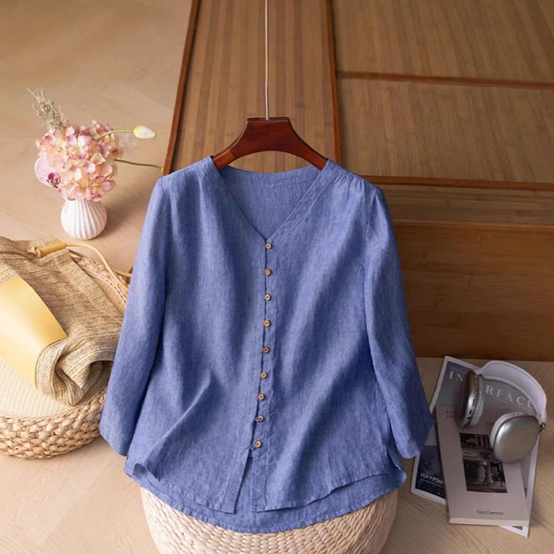 夏季新款36支汉麻色织长袖女装衬衫文艺复古百搭衬衫透气简约高端