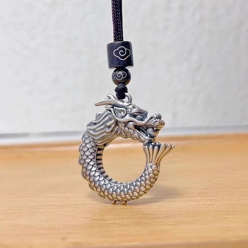 吊坠足银 999纯银生肖龙吊坠潮男复古立体龙实心项链送男友生日礼