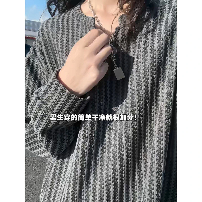小香风千鸟格v领长袖t恤男款秋季cleanfit内搭打底衫宽松情侣卫衣