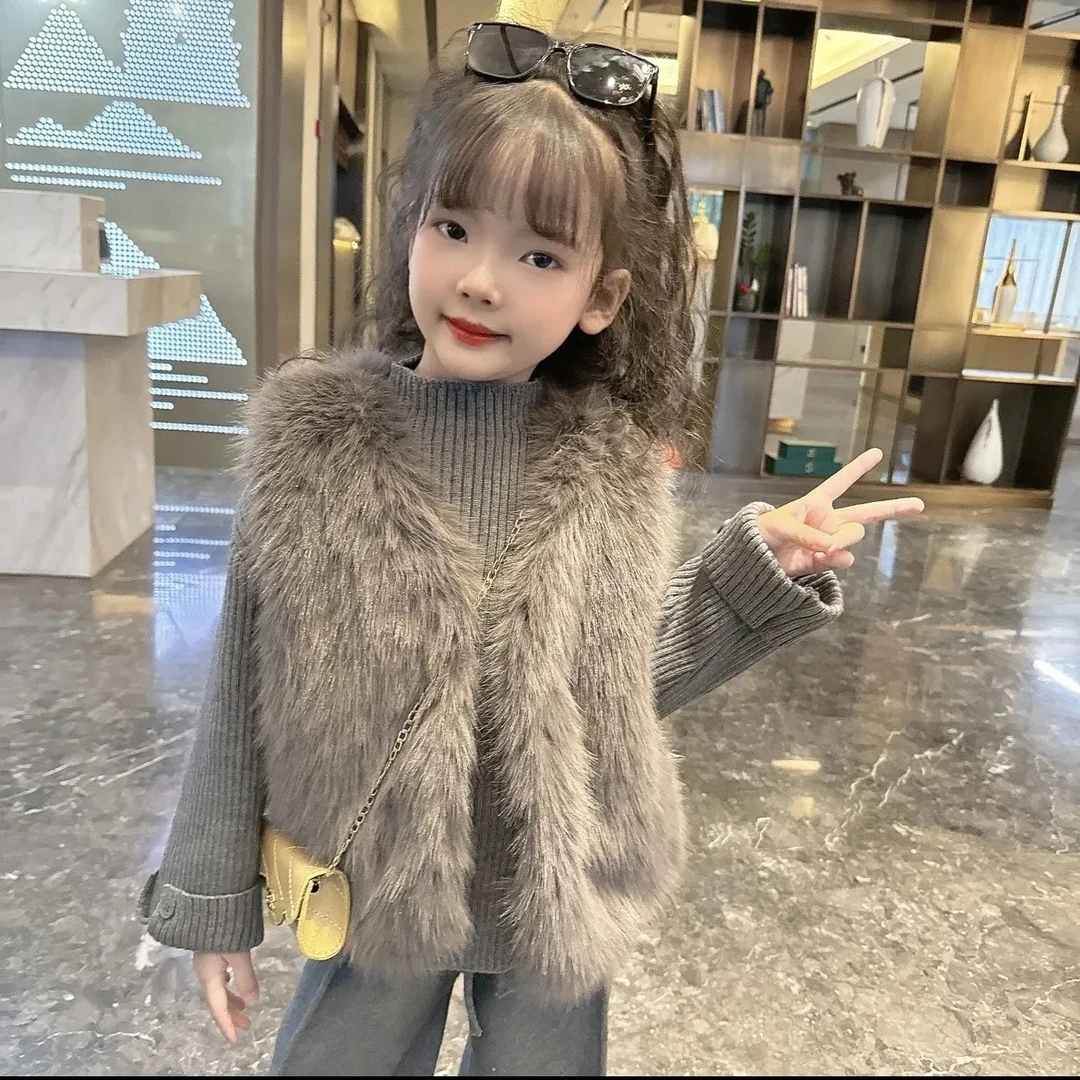 MK&DK女童套装秋新款女童毛毛马甲洋气加厚针织衫阔腿裤三件套潮