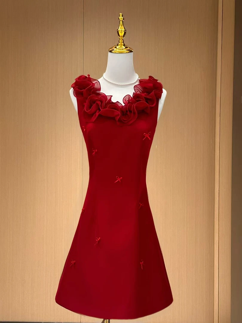 【雅乔定制】法式波浪卷边领口蝴蝶结收腰红色连衣裙DYLL-25066799