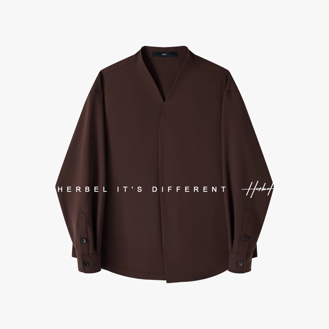 HERBEL/黑白秋季天丝羊毛老钱风衬衫长袖翻领男士休闲复古宽松