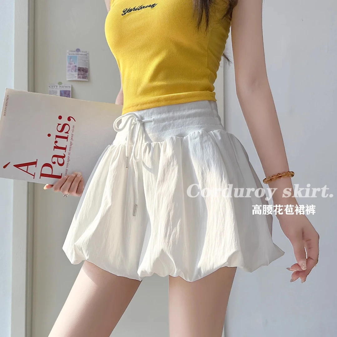白色花苞短裙裤女夏季高腰显瘦a字半身裙云朵泡泡灯笼裙2025新款