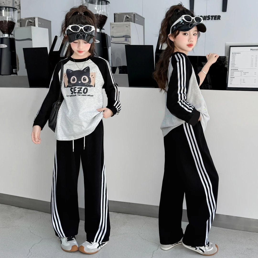 女童美式插肩袖套装2025新款三条杠长袖t恤秋季休闲运动裤两件套
