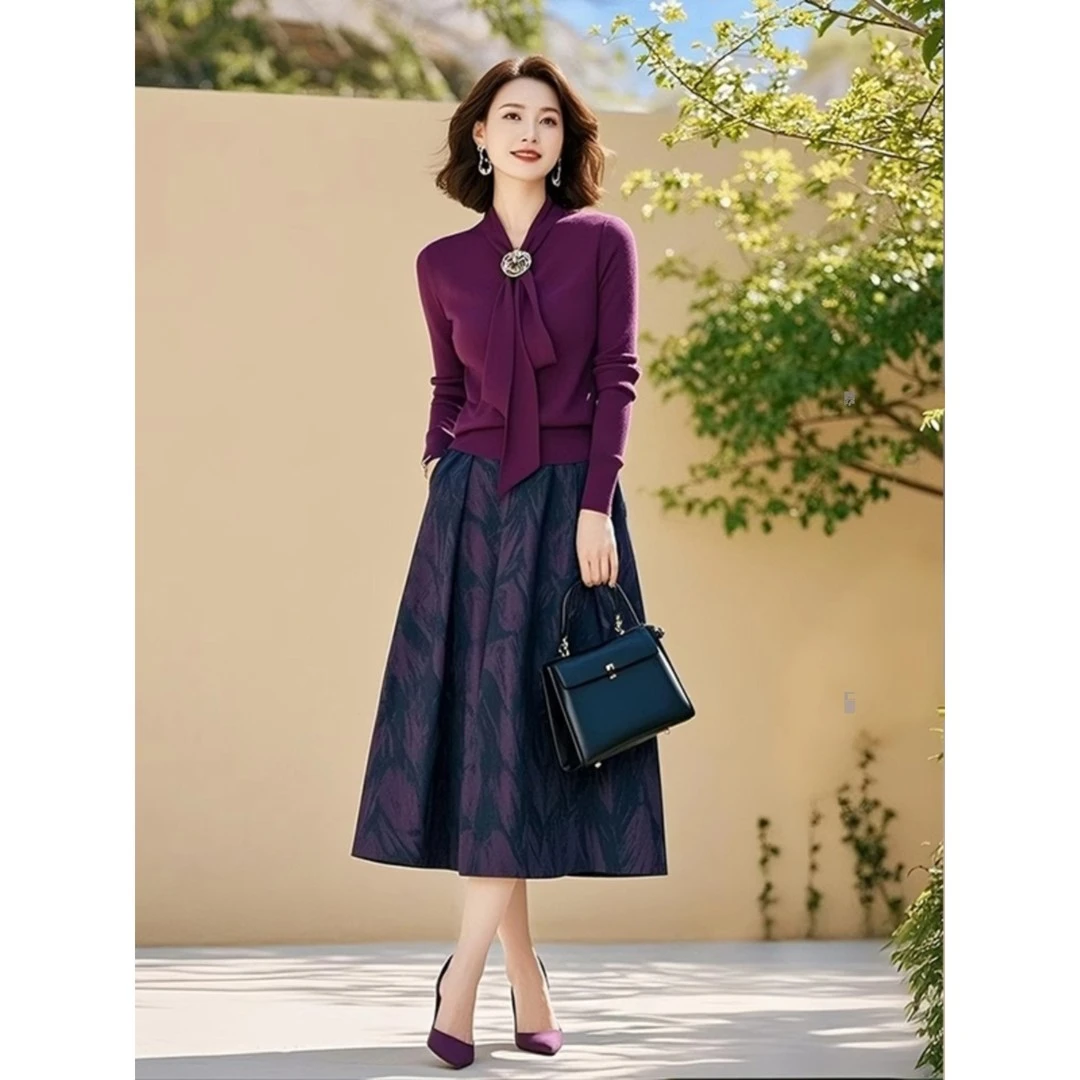 紫色针织套装女2025春秋新款轻奢高级感飘带上衣印花半身裙两件套