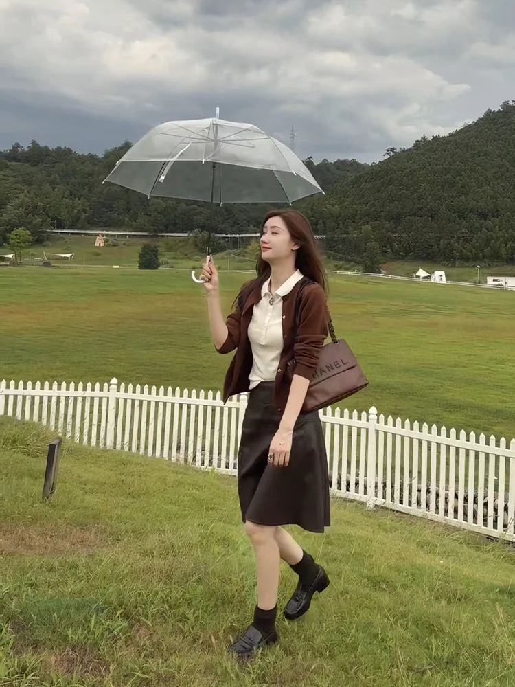 2025秋季潮流时尚新款复古针织开衫修身打底衫高腰半身裙三件套女