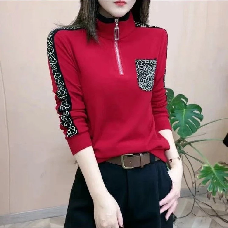 2025新款立领女中年休闲百搭长袖秋冬显瘦洋气打底衫上衣