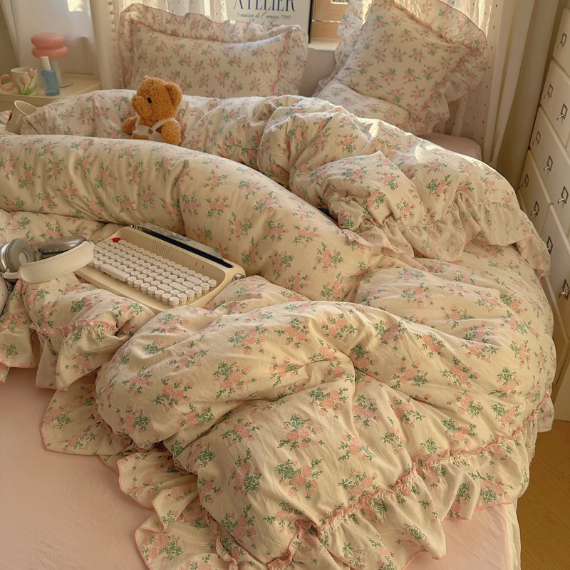 韩系公主风花边小清新花卉水洗棉床上四件套学生宿舍三件套被套