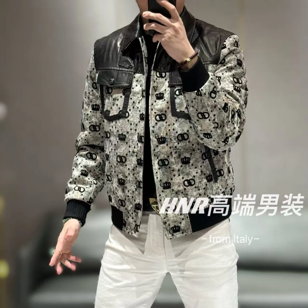 【牛皮拼接】皇冠图案男士休闲百搭高级感翻领羽绒服7999