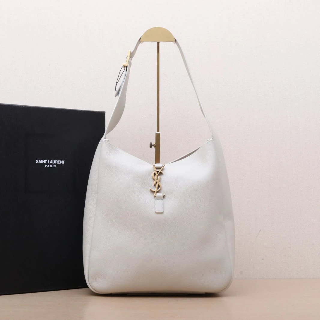 99新 YSL/圣罗兰 【黑黑】白色 金扣 HOBO 大号 单肩包