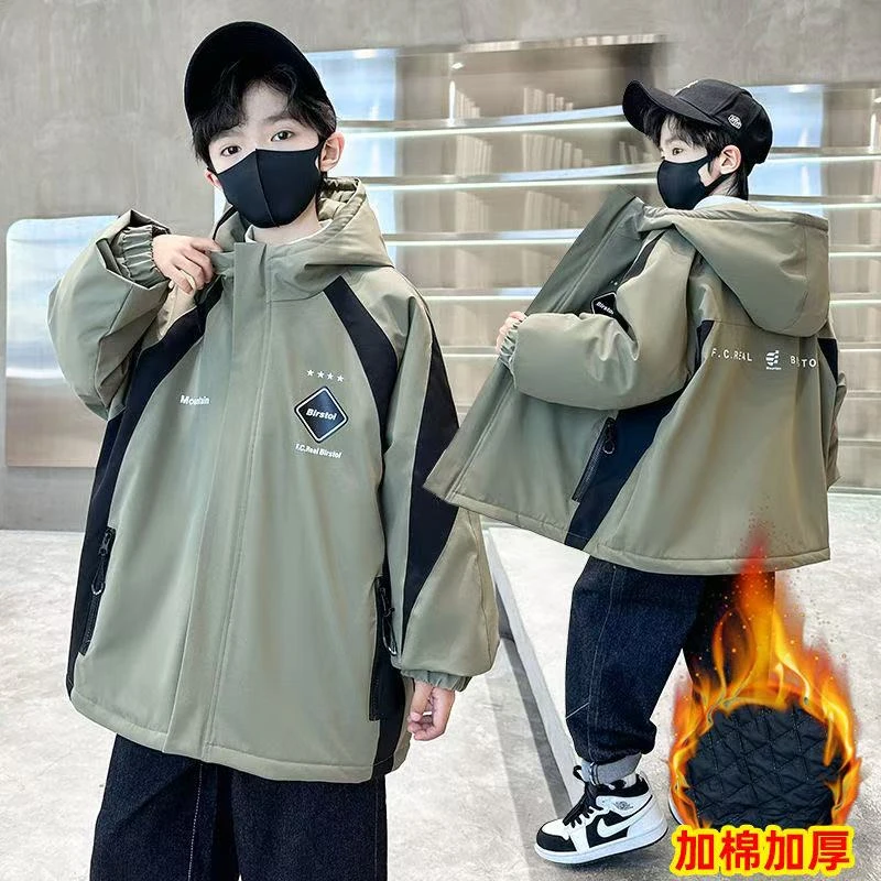 F00490男童秋冬夹棉加厚防水棉衣外套2025年新款中大童派克服童装
