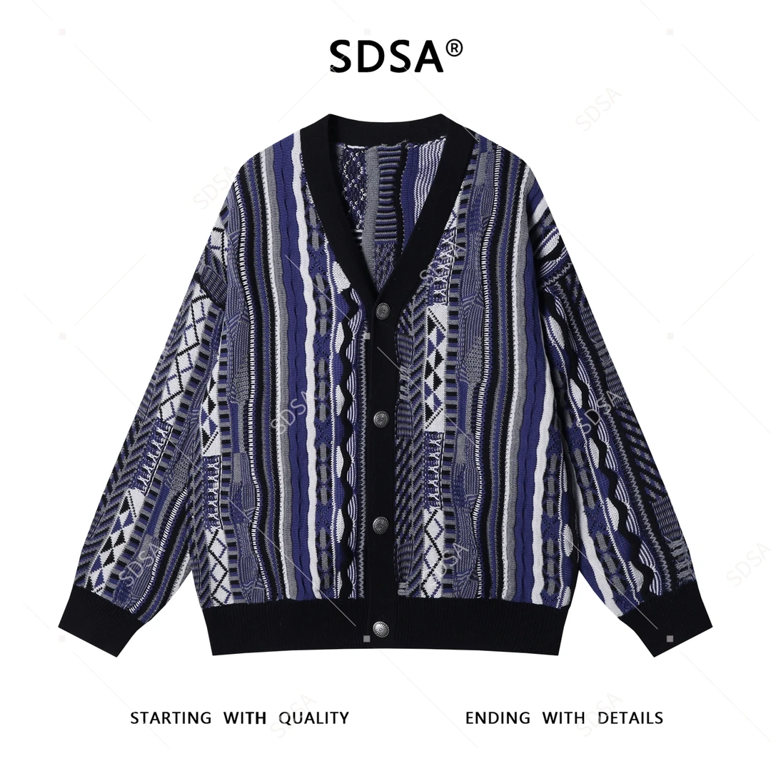 SDSA秋冬新款痞帅男装韩版撞色竖纹纽扣V领针织衫百搭开衫毛衣