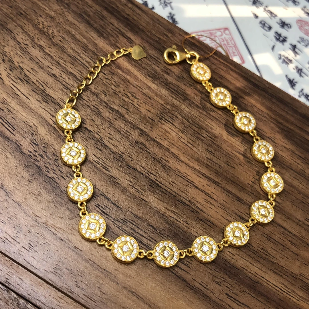 黄金足金999古法点钻镶嵌五帝钱日进斗金招财手链