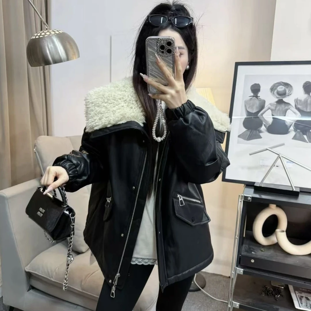 大翻领皮衣外套女冬季新韩版保暖时尚休闲气质百搭加长加肥皮衣