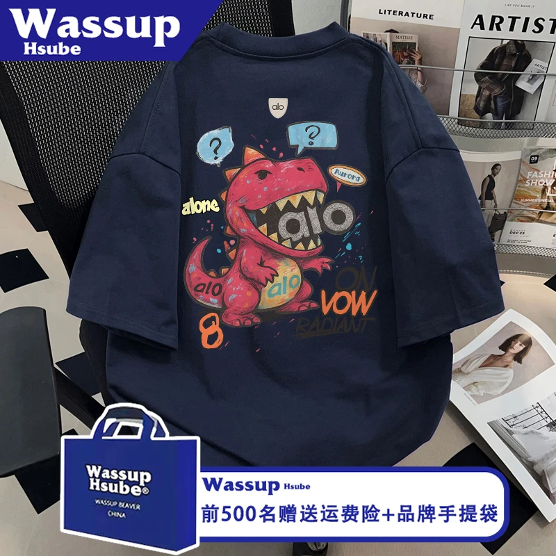 WASSUP HSUBE卡通恐龙印花T恤ins藏青色男女中性半袖夏季纯棉短袖